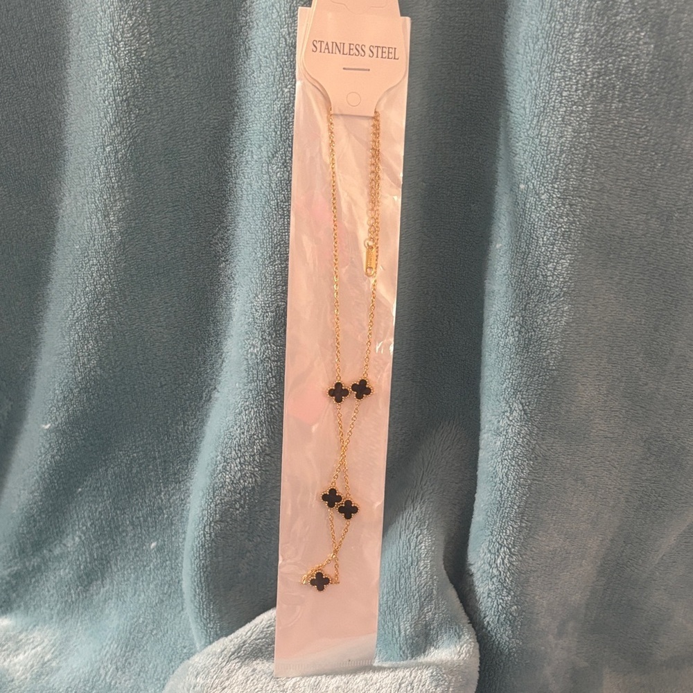Gold and Black Stainless Steel Clover Necklace
